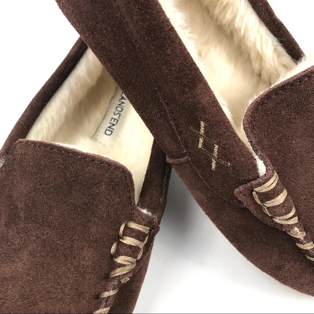 Lands End Kids Brown Suede Moccasin Slipper Sz 13